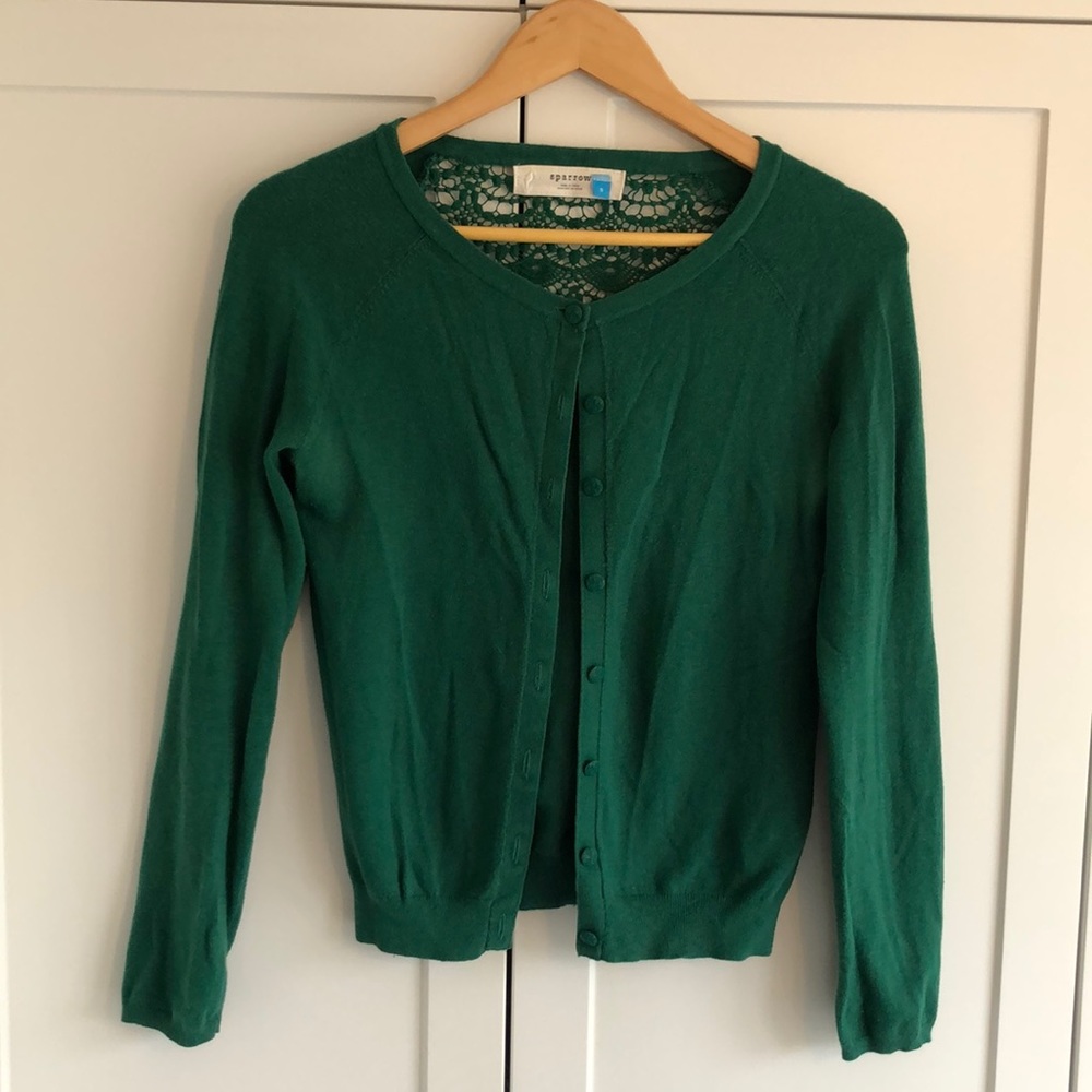 Anthro Green Cardigan lace back